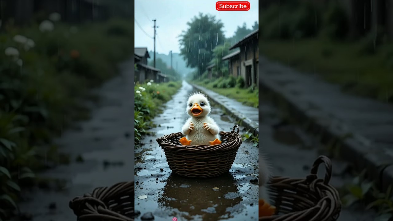 Duckling happy mood in rain 