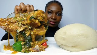 Asmr mukbang ogbono soup mix with spinach and okra, cassava fufu
