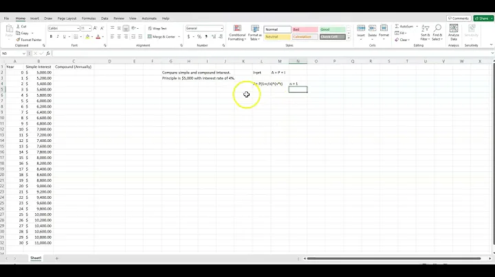 Simple vs Compound Interest in Excel