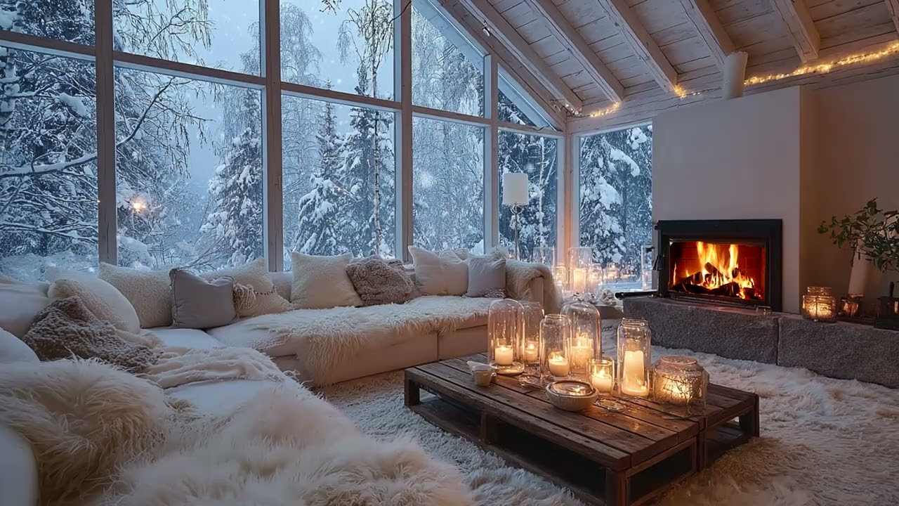 Winter White Piano Lounge with Warm Fireplace and Delicate Flowers for 3 Hours of Healing Calm