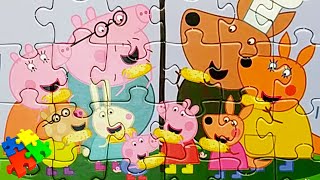 Свинка Пеппа и Кенгуру Кайли с Семьей стоят под Зонтом - Собираем пазлы для детей про Свинку Пеппу