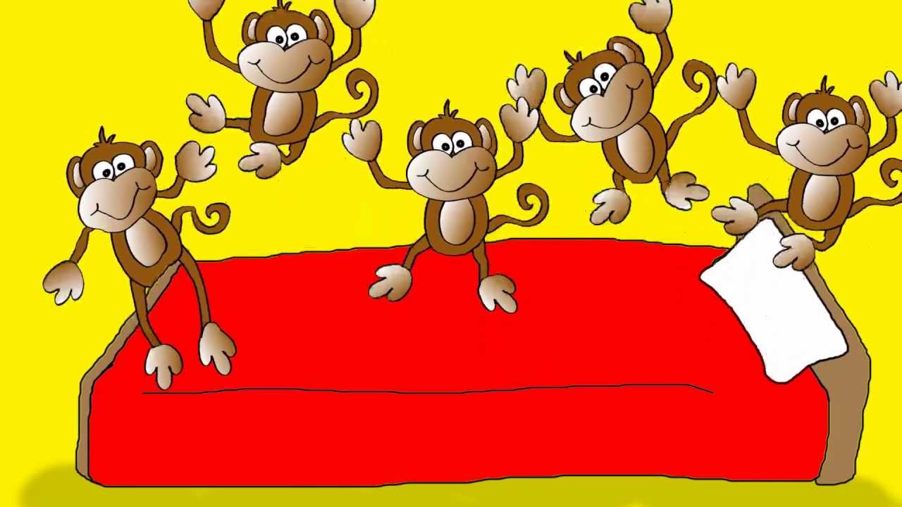Удивительное щелканье заботятся о птенчиках ловкая обезьяна. Обезьянки прыгают на кровати. Пять обезьянок. Подвижная игра обезьянки. Пять обезьянок скачут.
