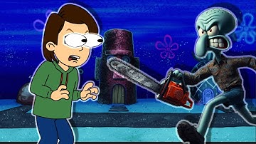 Boris trying to get the pizza from Squidward with a Chainsaw