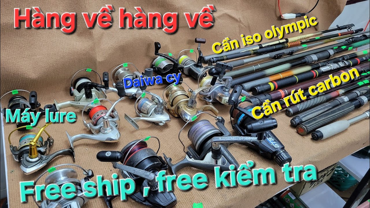 (Video 70)Hàng mới về, cần iso, cần rút carbon, cần tay lóng ngắn, cần surf, máy daiwa cy, máy lure