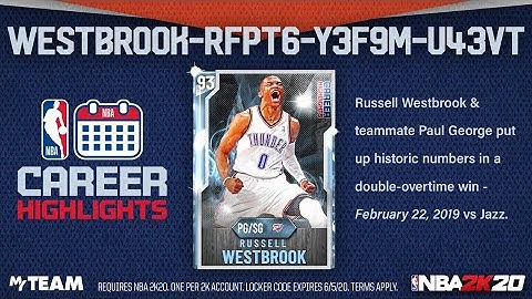 LOCKER CODE FOR A *FREE* RUSSELL WESTBROOK DIAMOND! NBA 2k20 MYTEAM