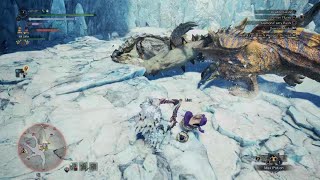Tigrex pushing a sleeping Barioth -- [Monster Hunter World: Iceborne]