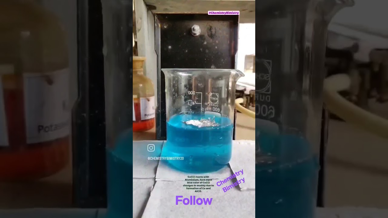 Reaction between Copper(II) chloride and Aluminium.. you can see here how the color of CuCl2 changes