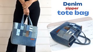 Sewing diy denim zipper tote bag tutorial from scrap old jeans,diy tote bag with zipper