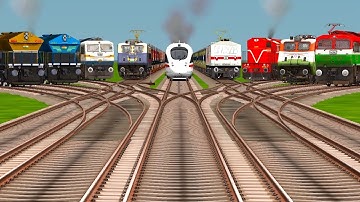 9 Locomotive Trains Run On Bumpy X- Curved Branched Crossing Risky Railroad Tracks | train simulator