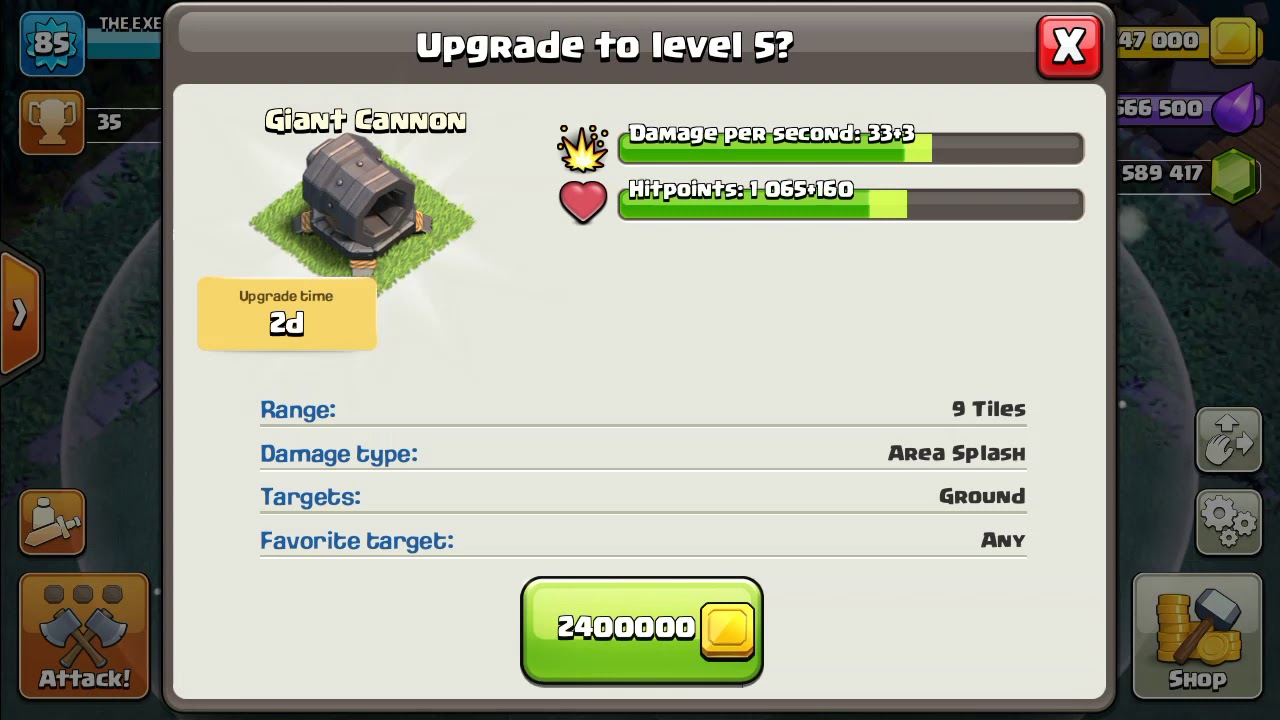 Giant cannon evolution from level 1 to 9