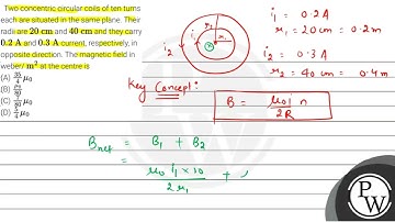 Two concentric circular coils of ten turns each are situated in the same plane. Their radii are ...