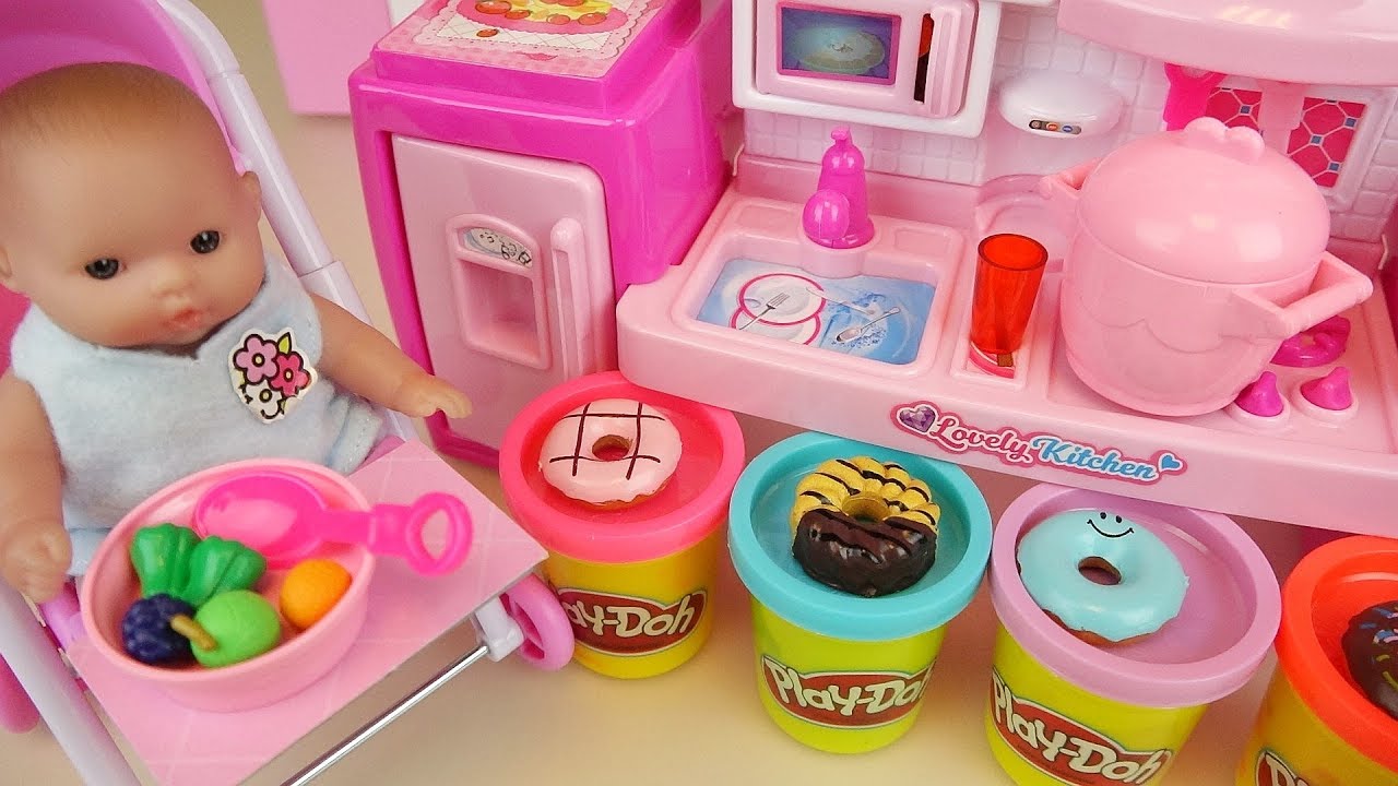 baby doll kitchen and play doh cooking toys play
