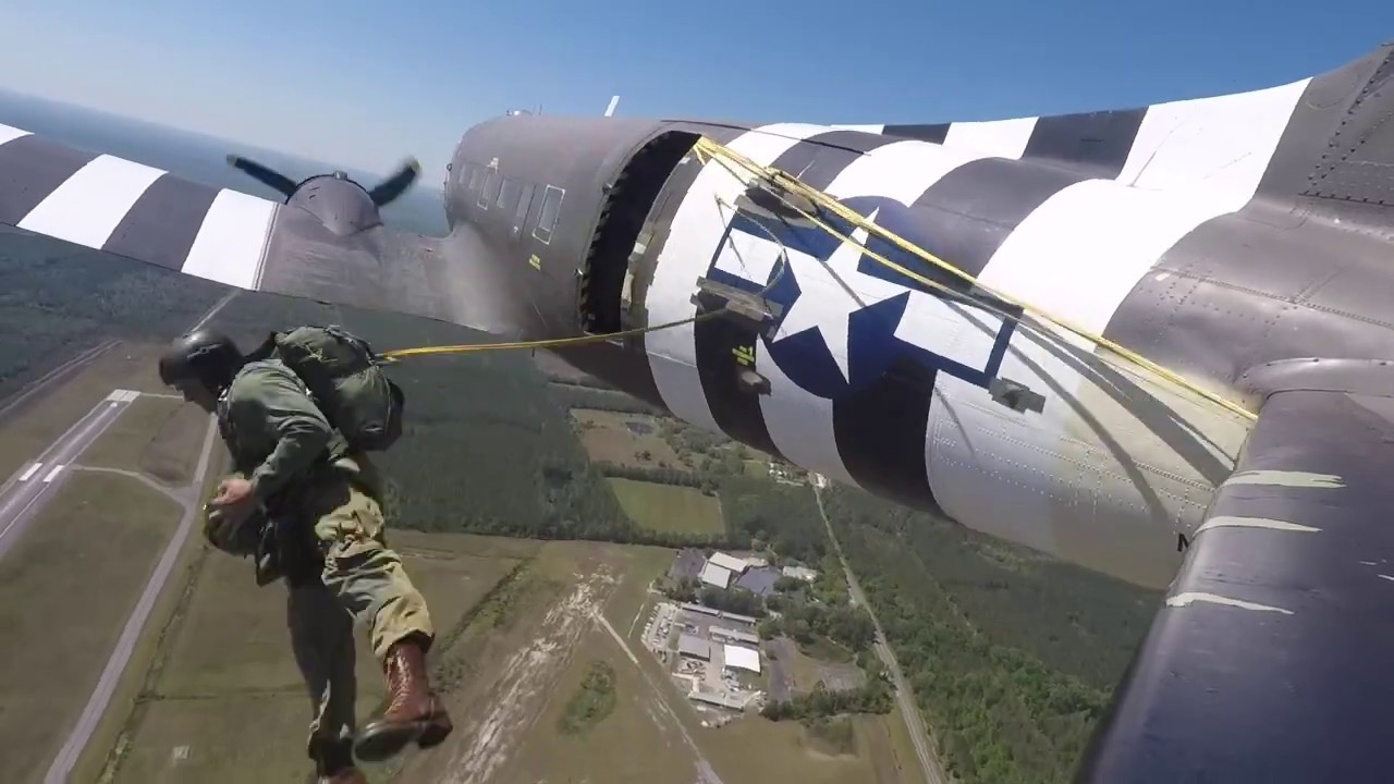 C-47 Tico Bell Round Canopy Parachuting Team  - Jumpers Leaving Plane & Landings