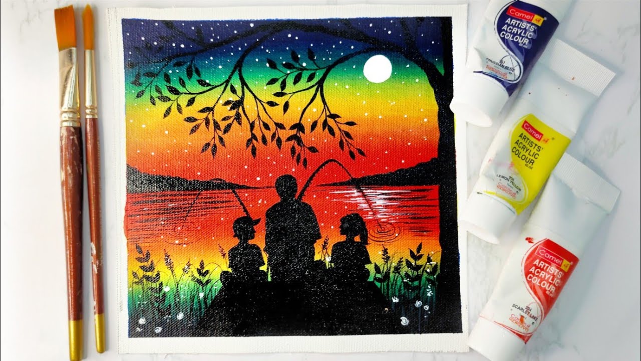 Easy Father's day acrylic painting. Fishing with father painting. Easy father's day painting