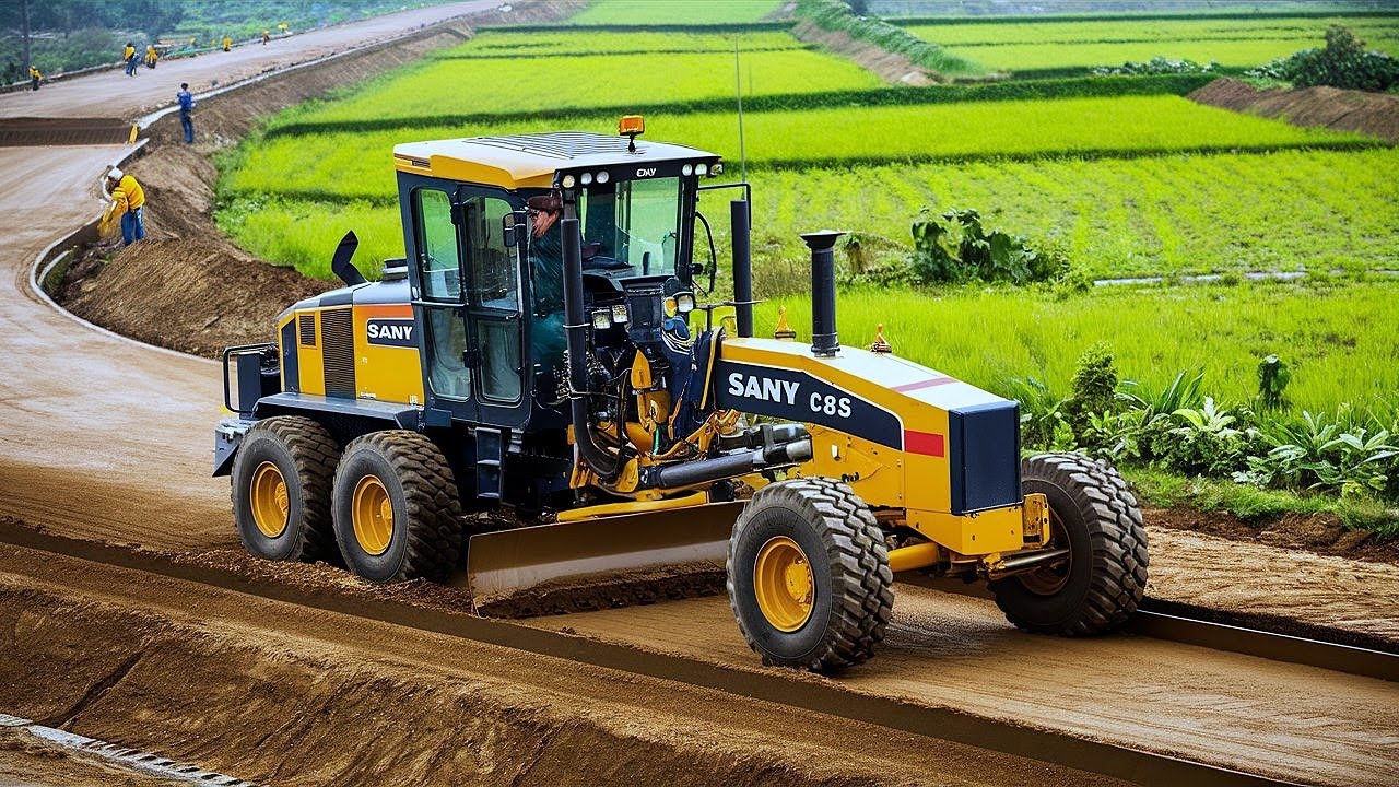 amazing-motor-grader-sany-c8s-model-actively-working-on-a-rural-road