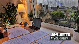 12 HOUR STUDY WITH ME on A RAINY DAY | Background noise, 10-min Break, No music, Study with Merve