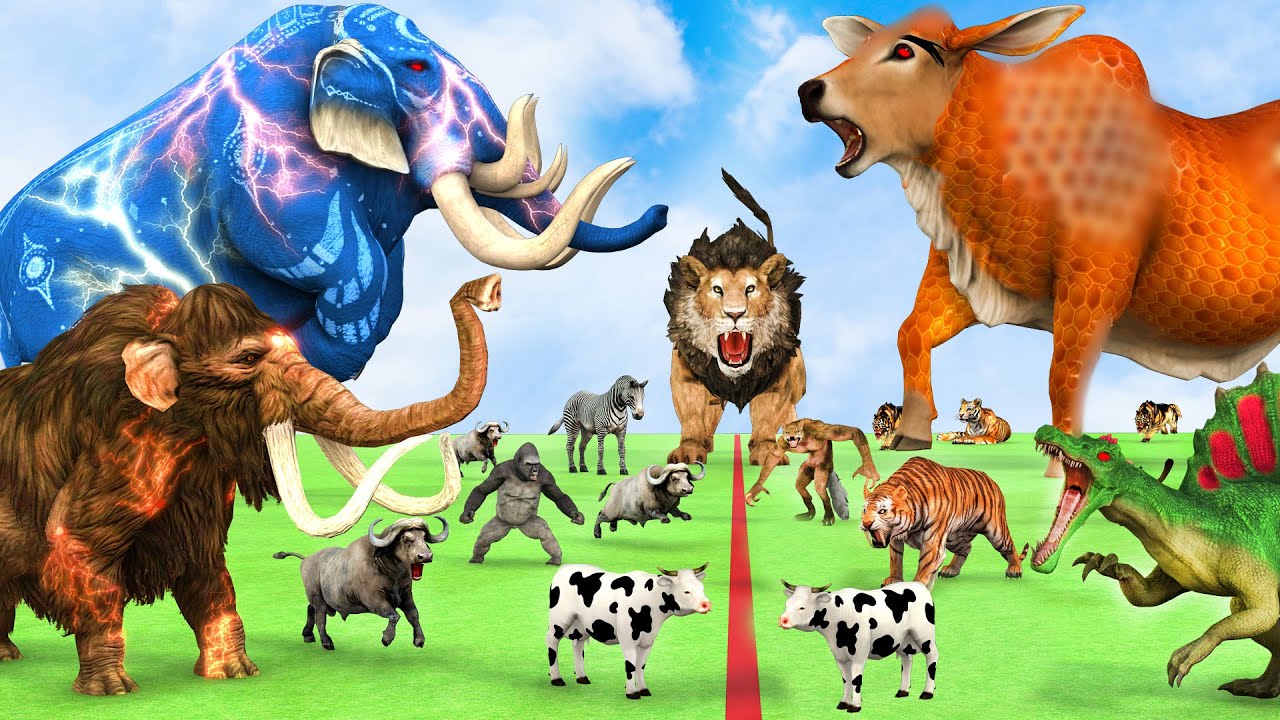 5 Giant Mammoth Elephant vs 5 Giant Lion Tiger Wolf vs Hybrid Cow Dinosaur Zebra Saved By Mammoth