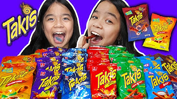 EATING TAKIS SPICY CHIPS (7 FLAVORS) Taste & Rate | Tran Twins