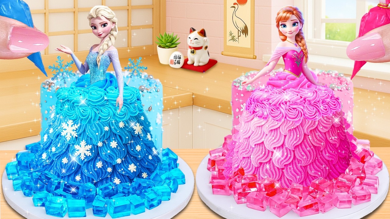 Mini Elsa vs Anna Princess Glitter Dress Cake 👑🍰 エルサ vs アナ プリンセスケーキ対決 | Tiny Joy Japan