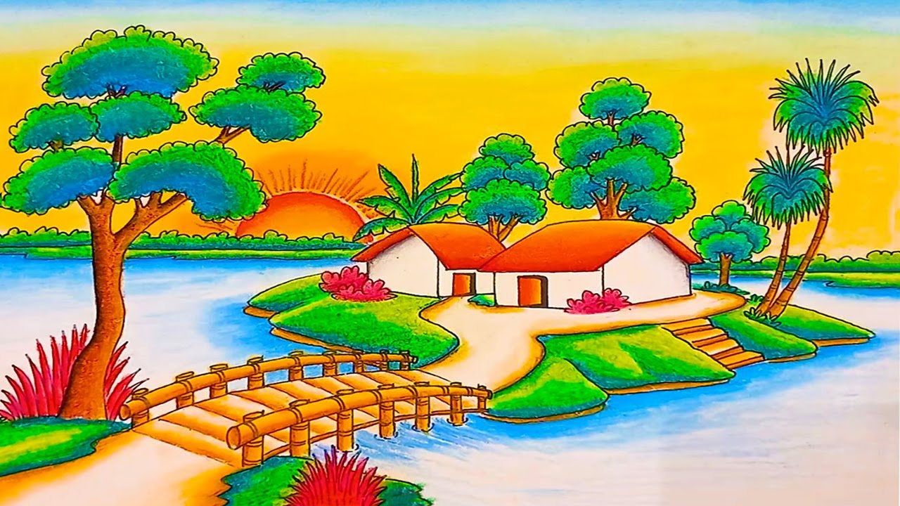 How to Draw Easy Scenery | Drawing Beautiful Riverside Village ...