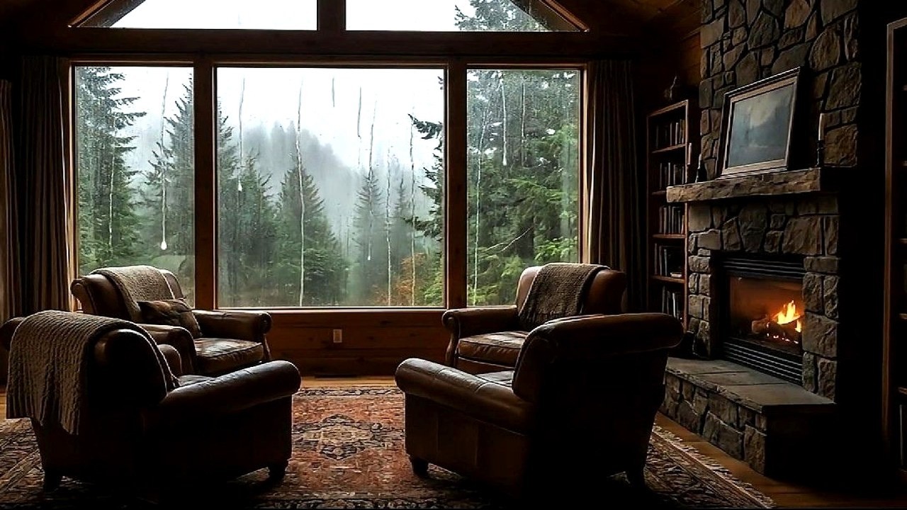 Cozy Cabin Rain for Sleep – Warm Cabin Library & Fireplace Rain Night Ambience (8 Hours)