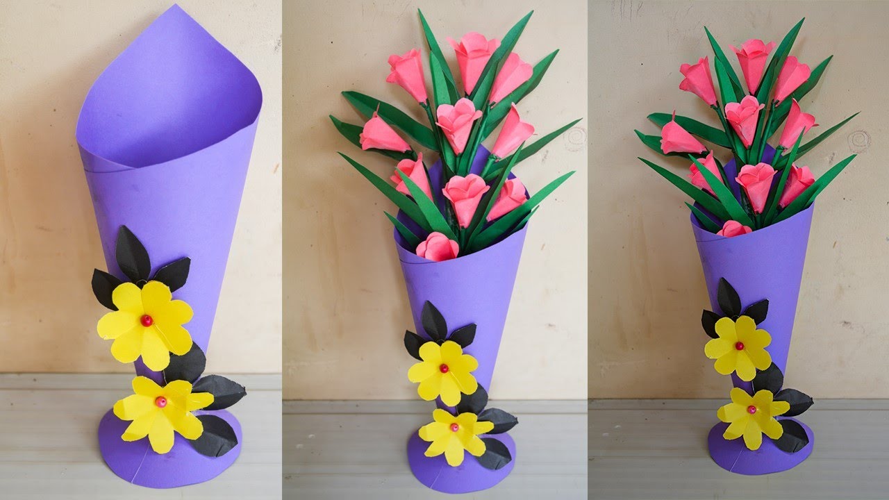 How To Make Paper Flower Vase Making Simple Paper Craft flower vase