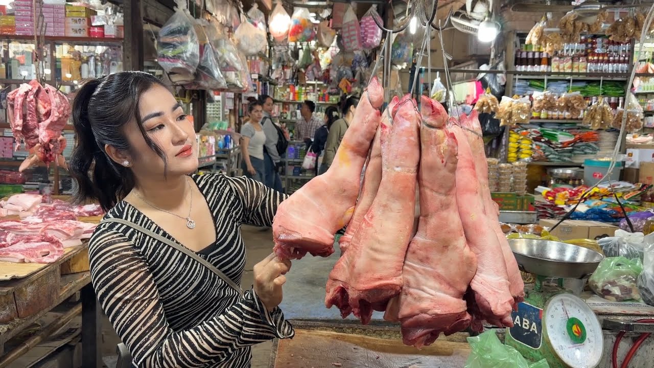 Market show and cooking | Buy pork legs for my recipe | Pork legs cooking