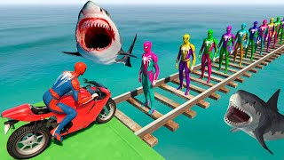 GTA V New Crazy Shark Racing For Super Stunts Challenge by Motorcycle With Spiderman And Superheroes