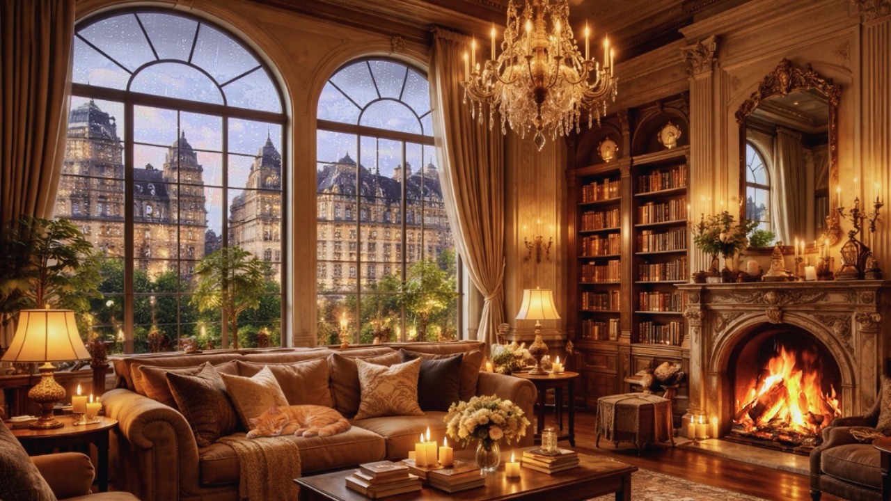 The Library Cat Has Been Waiting For You 🌧️ Soft Piano Jazz & Fireplace Ambience