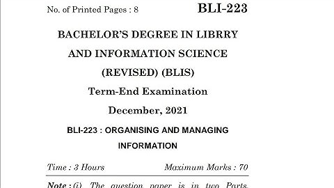 BLI-223 Question Paper= Organising And Managing Information IGNOU Exam December 2021