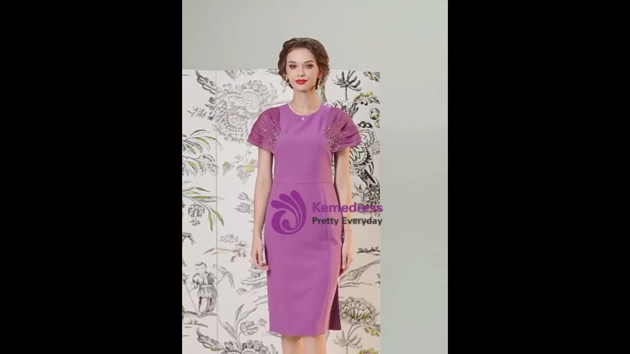 kemedress Purple Cap Sleeve Beading Pleats Mother Of The Bride Dress