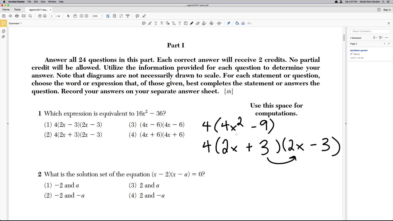 Algebra Regents 2017 January Problem 1 - YouTube