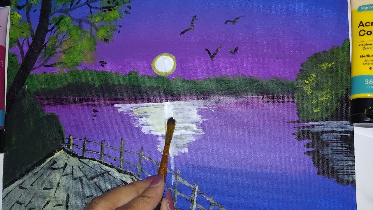 Purple sunset landscape painting / easy landscape painting for ...