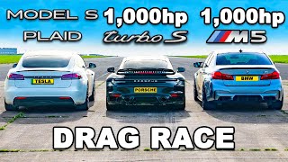 Thumbnail for 1,000hp M5 v 1,000hp 911 Turbo v Model S Plaid: DRAG RACE