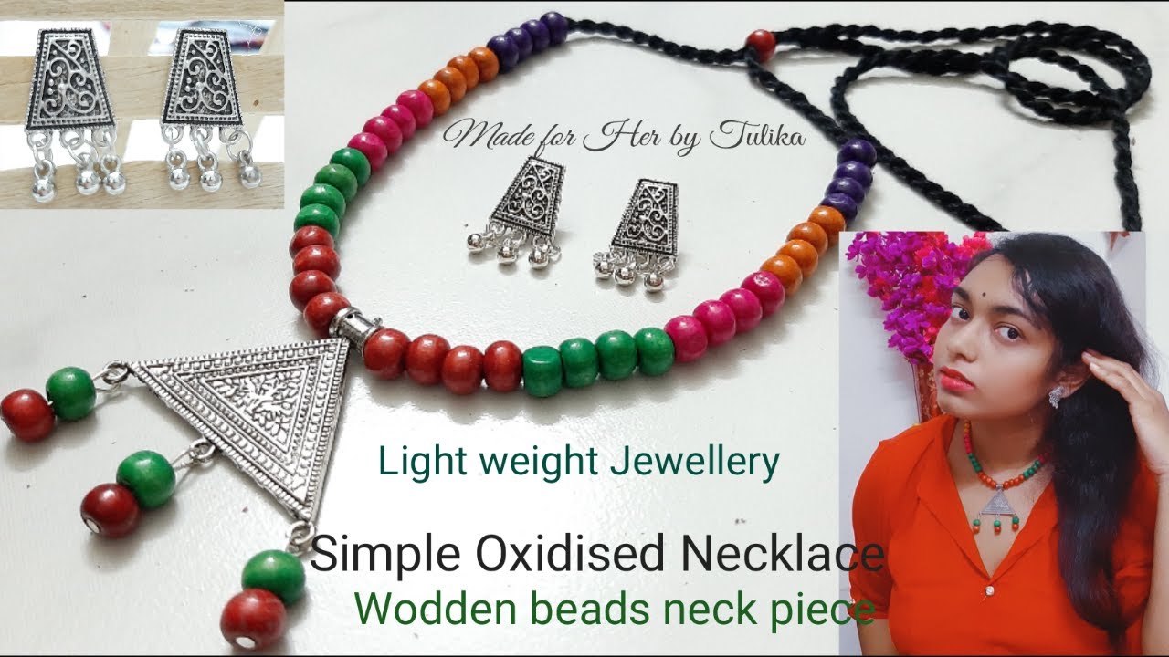 Simple Light weight German Silver Necklace with Wooden beads || Easy to make || under Rs. 100/-
