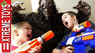 Wild Bigfoot Horror! Sasquatch Monster Attacks! Ethan and Cole With Nerf Blasters Fight the Beast