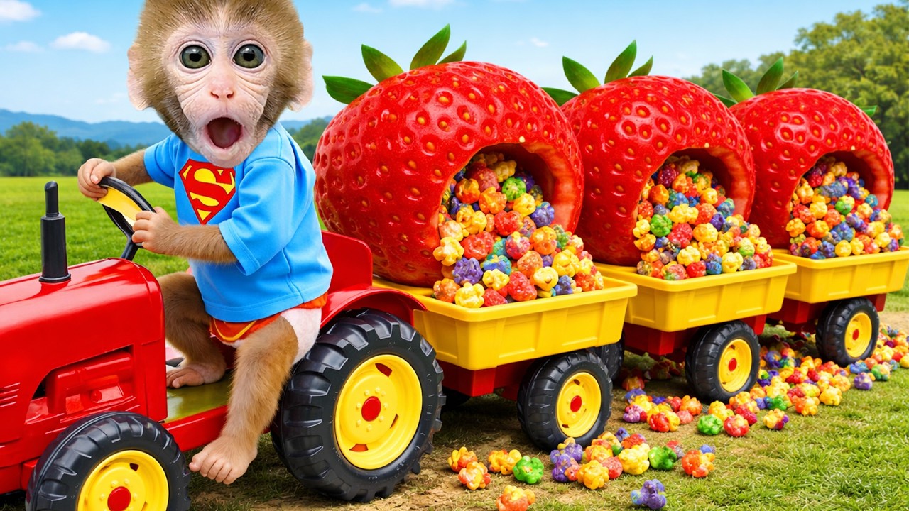 القرد الصغير بون بون يصنع فشار قوس قزح للبطة والجرو في الحديقة