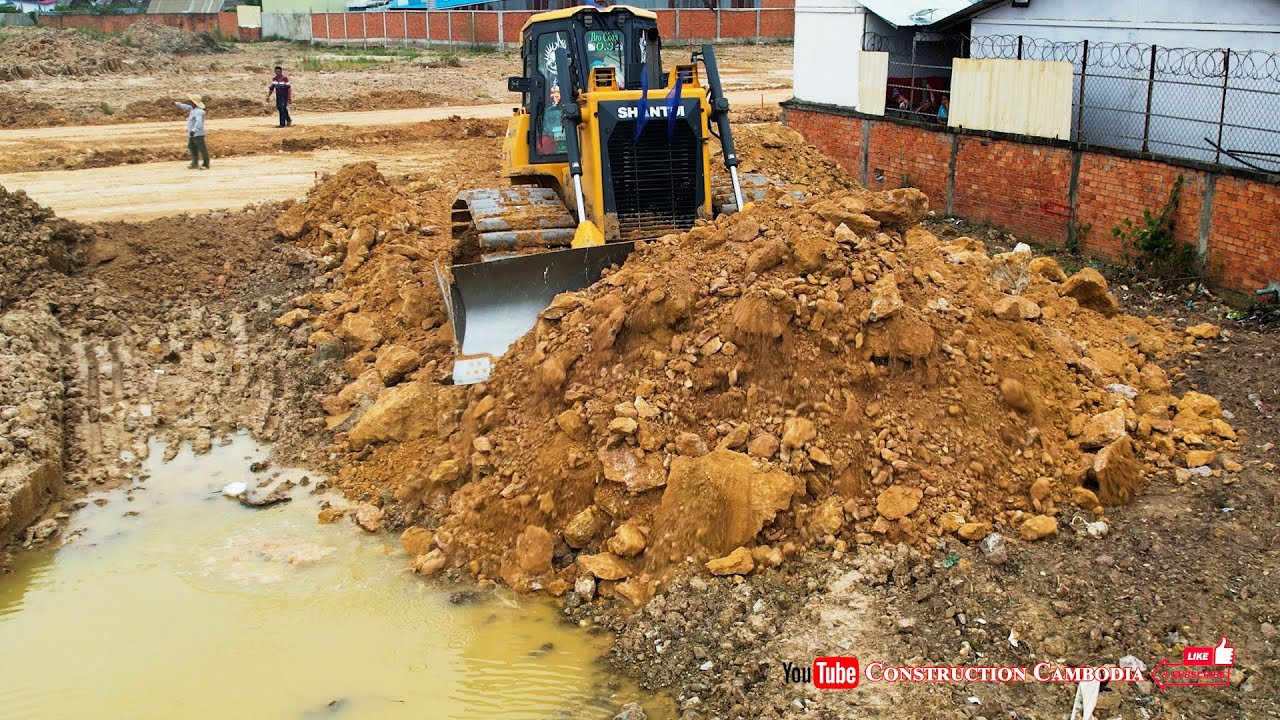 Best Powerful Shantui DH17c2 Dozer Pushing Soil & Shacman Trucks Making Road Foundation Construction