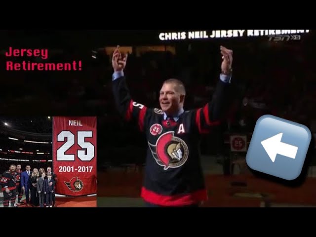 Chris Neil expresses tears of joy as Senators raise his number 25