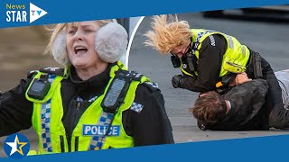 Happy Valley final series Sarah Lancashire watches her stunt double tackle a criminal on set 422847