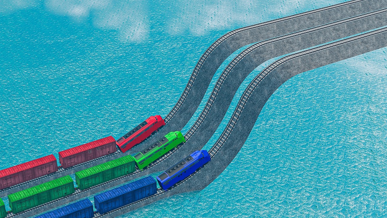 Triple Colorful Trains Vs Wavy Impossible Weird Rails Tracks Crossing Deepwater| BeamNG.drive