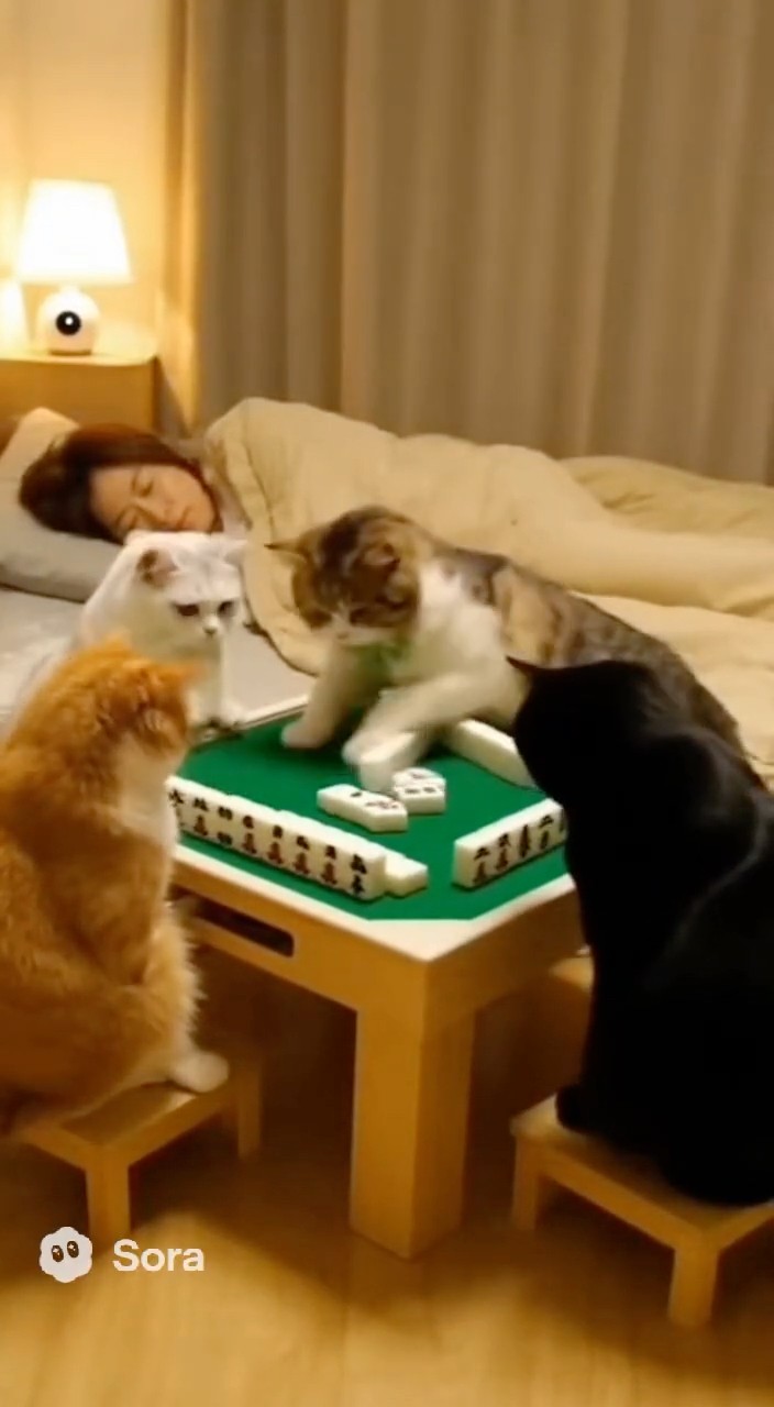 深夜、猫たちの麻雀大会…まさかの修羅場!? 🐾🀄 #猫動画 #猫の日常