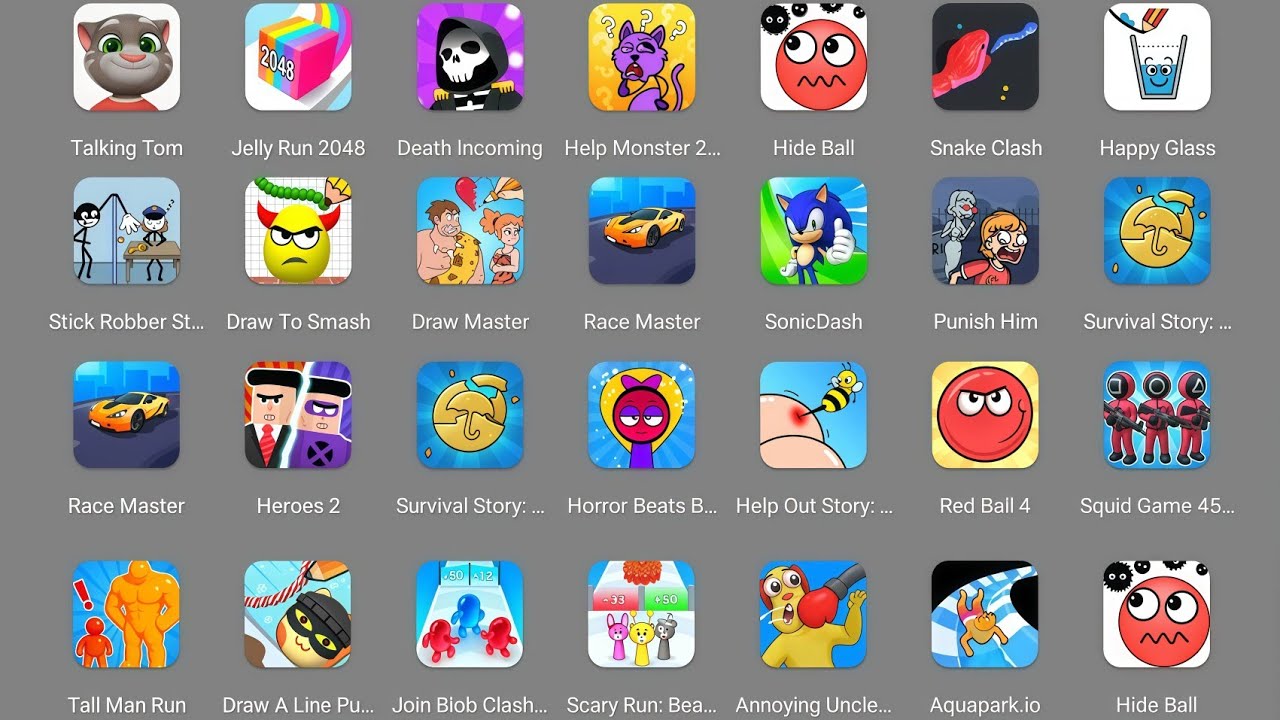 Draw To Smash,Help Me Tricky Puzzle,Annoying Uncle Punch,Tall Man Run,Red Ball 4,Squid Game 456