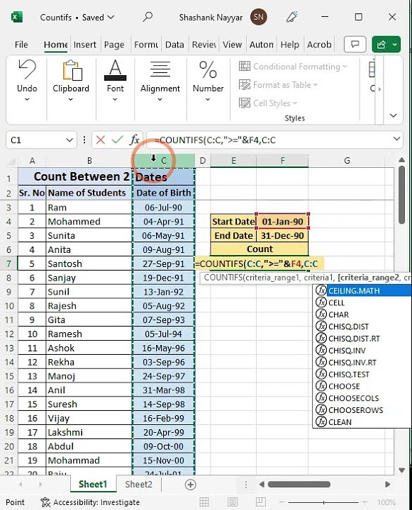 How to Count data between 2 Dates | Count Formula | Countifs function ...