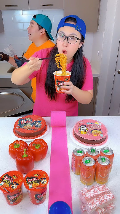 Buldak Ramen pink foods vs red foods ice cream challenge!🍨 02 #funny by Ethan Funny Family