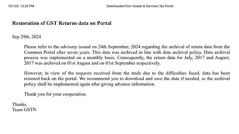 Restoration of GST Returns Data on Portal