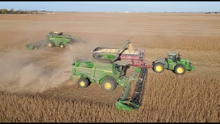 Illinois Soybean Harvest with two John Deere X9 1100 combines and 50 foot draper heads.