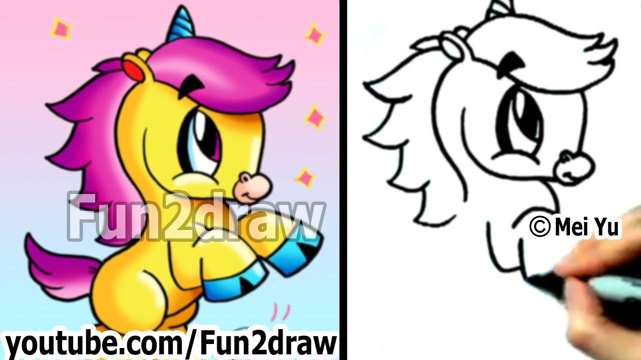 How to Draw Cartoon Animals : How to Draw an Unicorn - Cute Drawings