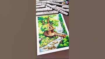 🌳 Easy Tree With House Drawing Tutorial | Relaxing Marker Art for Beginners 🎨