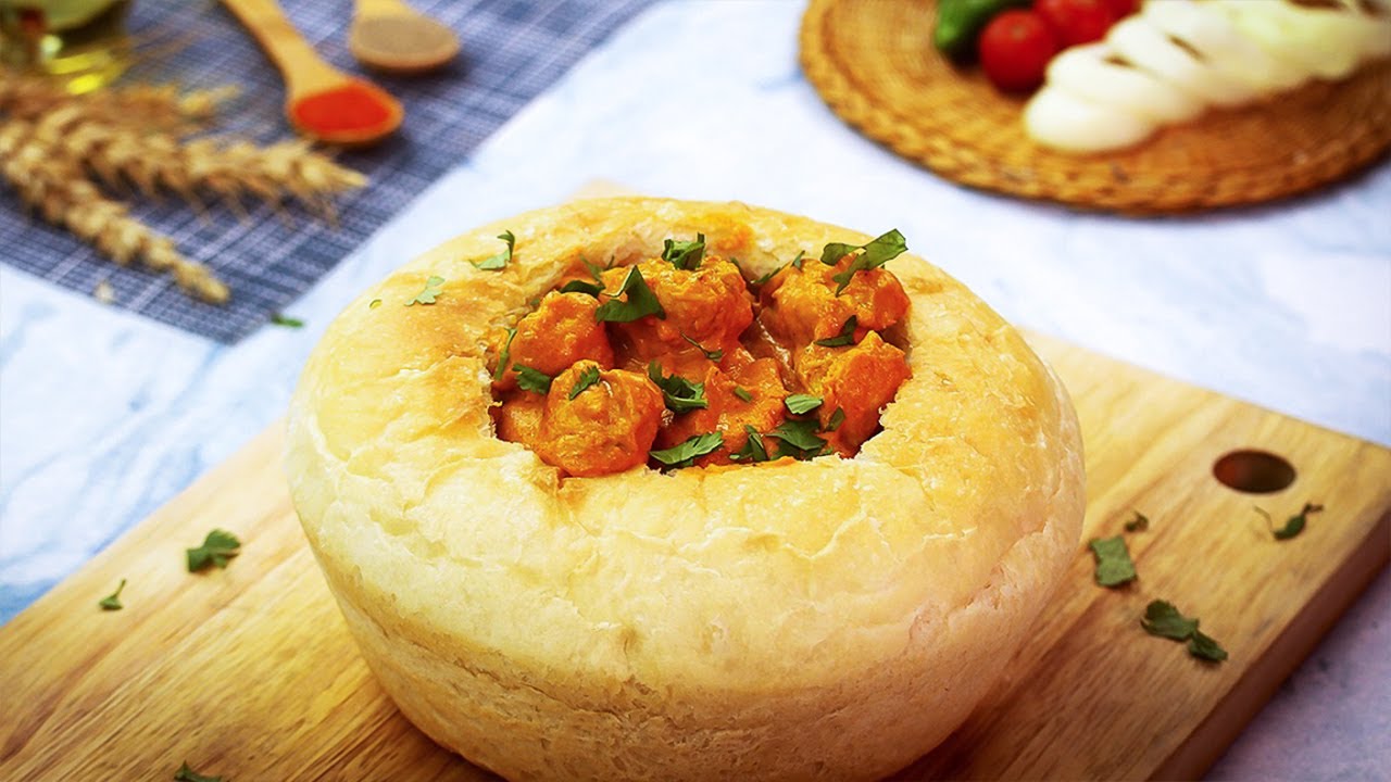 Butter Chicken In Bread Bowl Recipe by SooperChef